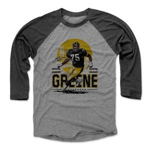 Mean Joe Greene Men&#39;s Baseball T-Shirt - Pittsburgh Throwbacks Joe Greene Pittsburgh Skyline