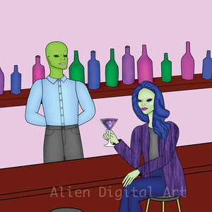 Alien fashion illustration / outer space decor /Alien Art/ Green Alien / Alien Artwork / Alien Drawing / Alien Print / Fashion Illustration