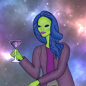 Alien fashion illustration / outer space decor /Alien Art/ Green Alien / Alien Artwork / Alien Drawing / Alien Print / Fashion Illustration