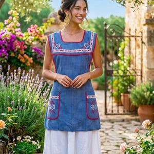 May include: A blue gingham apron featuring a square neckline, red trim, and two front pockets with white and red floral embroidery, worn over a plain white skirt. The apron has a structured bodice and a sleeveless design with decorative stitching.