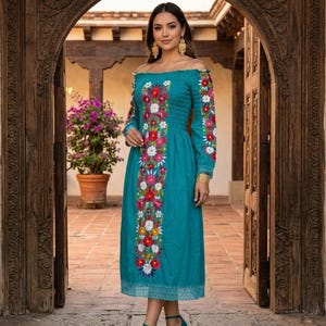 long sleeve mexican dress for Women Traditional Embroidered Floral Folklorico Style summer dress is a true labor of love with impressive attention to detail in its hand Chilac Embroidered Mexican Long Dress