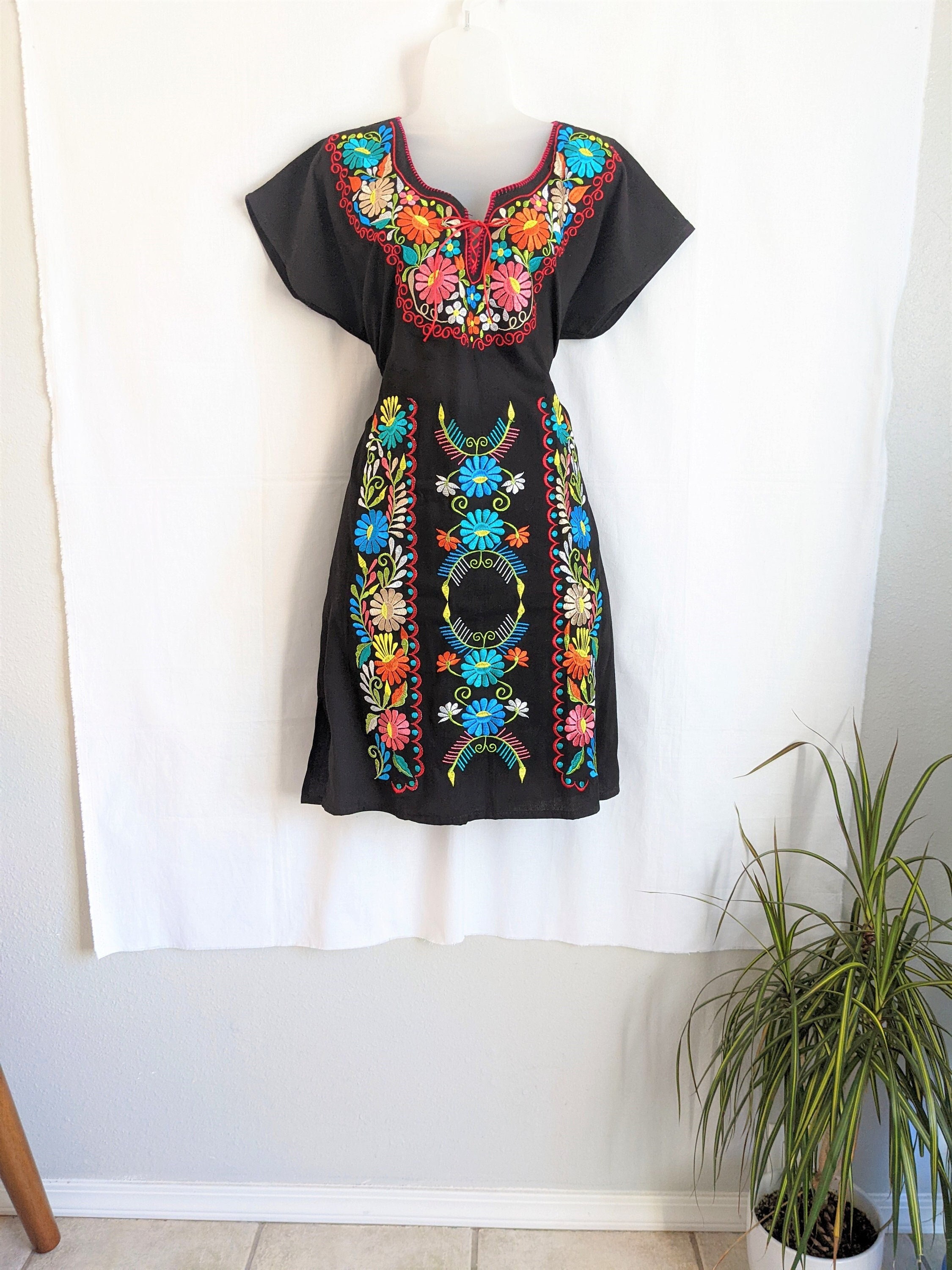 Mexican. Traditional Embroidered Dresses Colorful Ethnic Beautifully Embroidered  Flowers Multicolor Fiesta Dress Pattern Stunning Style