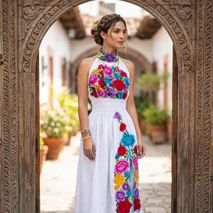 PLUS SIZE Halter Flower Embroidered Mexican Dress, Halter Dress, Authentic Mexican Dress, Mexican Fiesta Dress, Vestido Artesanal Mexicano.