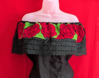 PLUS SIZE Off the shoulder Mexican Blouse, Beautifully Embroidered  Flowers Multicolor, Pattern Stunning Style, Mexican Blouse, Mex.blouse.