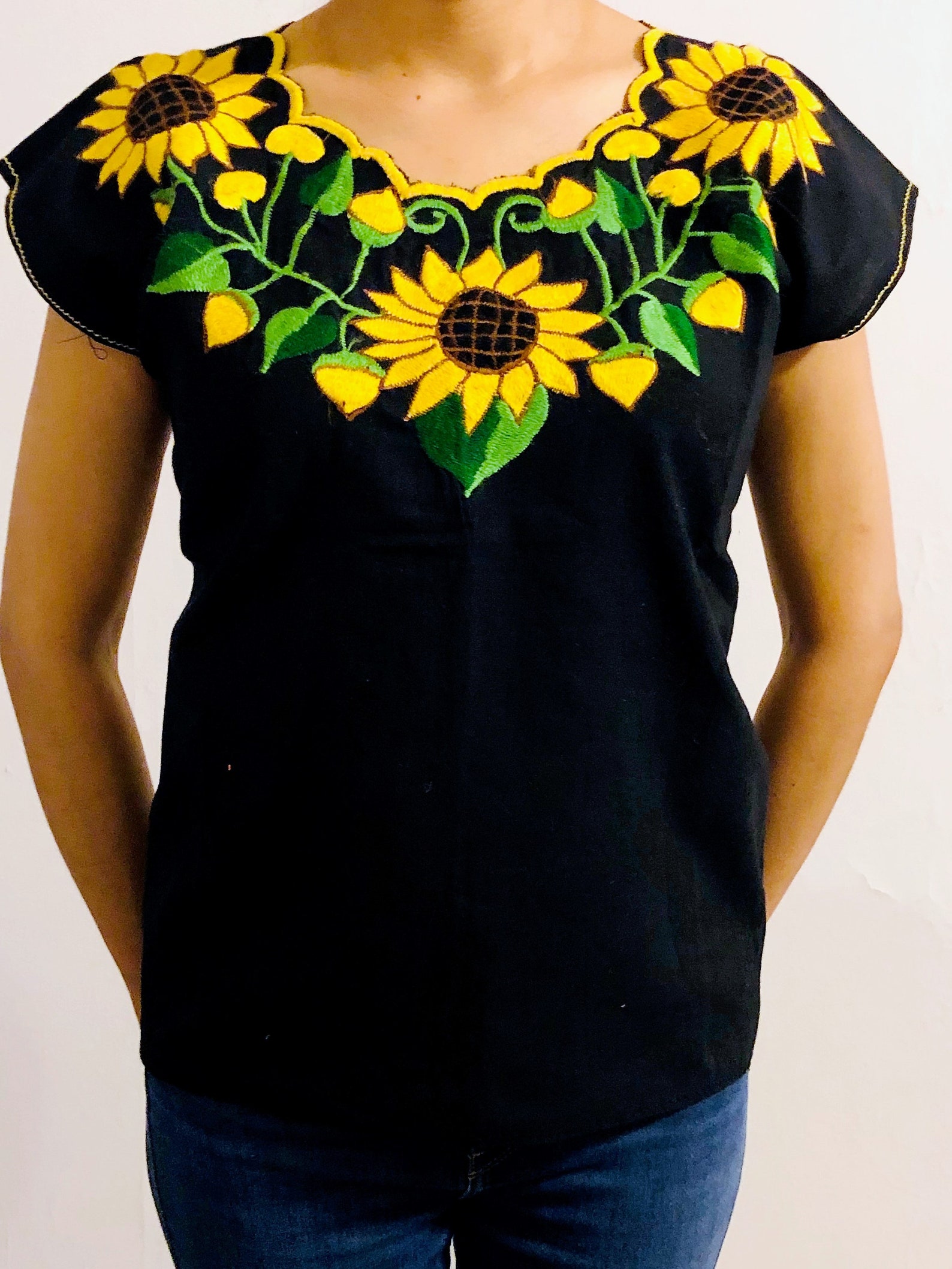 Sunflowers Embroidered Mexican Blouse Sunflowers Mexican Etsy