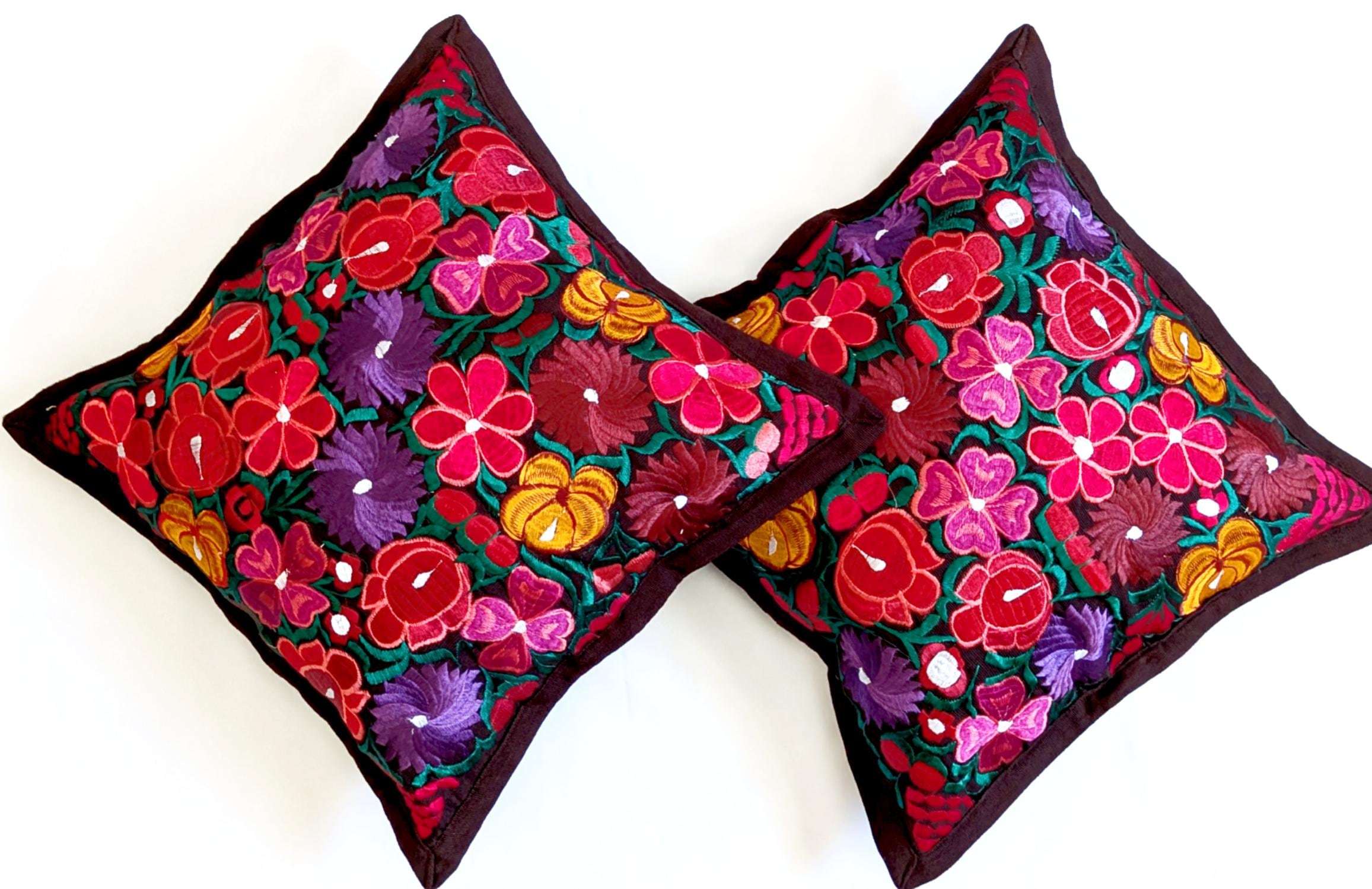 Embroidered Decorative Pillow Cover, Mexican Pillow Cover, Floral Pillow Case, Full Color embroidery.