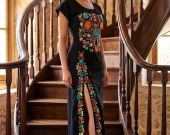 denim mexican dress Hand Embroidered Denim Dress