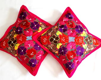 Embroidered Decorative Pillow Cover, Mexican Pillow Cover, Floral Pillow Case, Full Color embroidery.