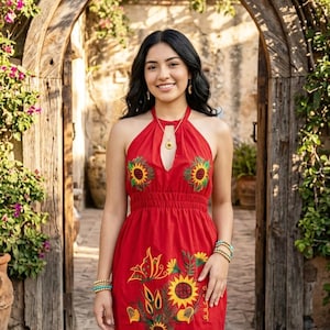 sunflower embroidered dress Women's Sunflower Drop Waist Square Neck Embroidered Cotton Maxi Dress S/M/L/Customize Garden Green Floral MEAN BLVD S / Garden Green / Floral main image 1