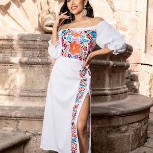 Beautifully Embroidered Dress, PLUS SIZE available, Embroidered  Flowers Multicolor, Pattern Stunning Style, Fiesta Dress, Vestido Mexicano.