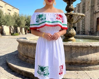 red white and green mexican dress XL Dress: Embroidered Off-shoulder Fiesta Outfit Bailey Boys