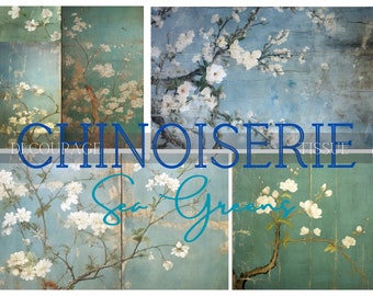 Sea Blues & Greens Digital Chinoiserie Images for Download - Tissue/Decoupage Papers for Collage in Journals, Art Books, Scrapbooks, Cards