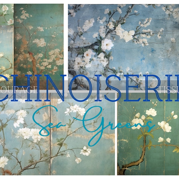 Sea Blues & Greens Digital Chinoiserie Images for Download - Tissue/Decoupage Papers for Collage in Journals, Art Books, Scrapbooks, Cards