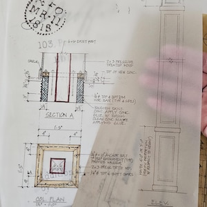 May include: Architectural blueprints with detailed drawings of a column, including section views and elevation. The drawings feature dimensions in inches and feet, with annotations and labels. A vintage stamp is visible.
