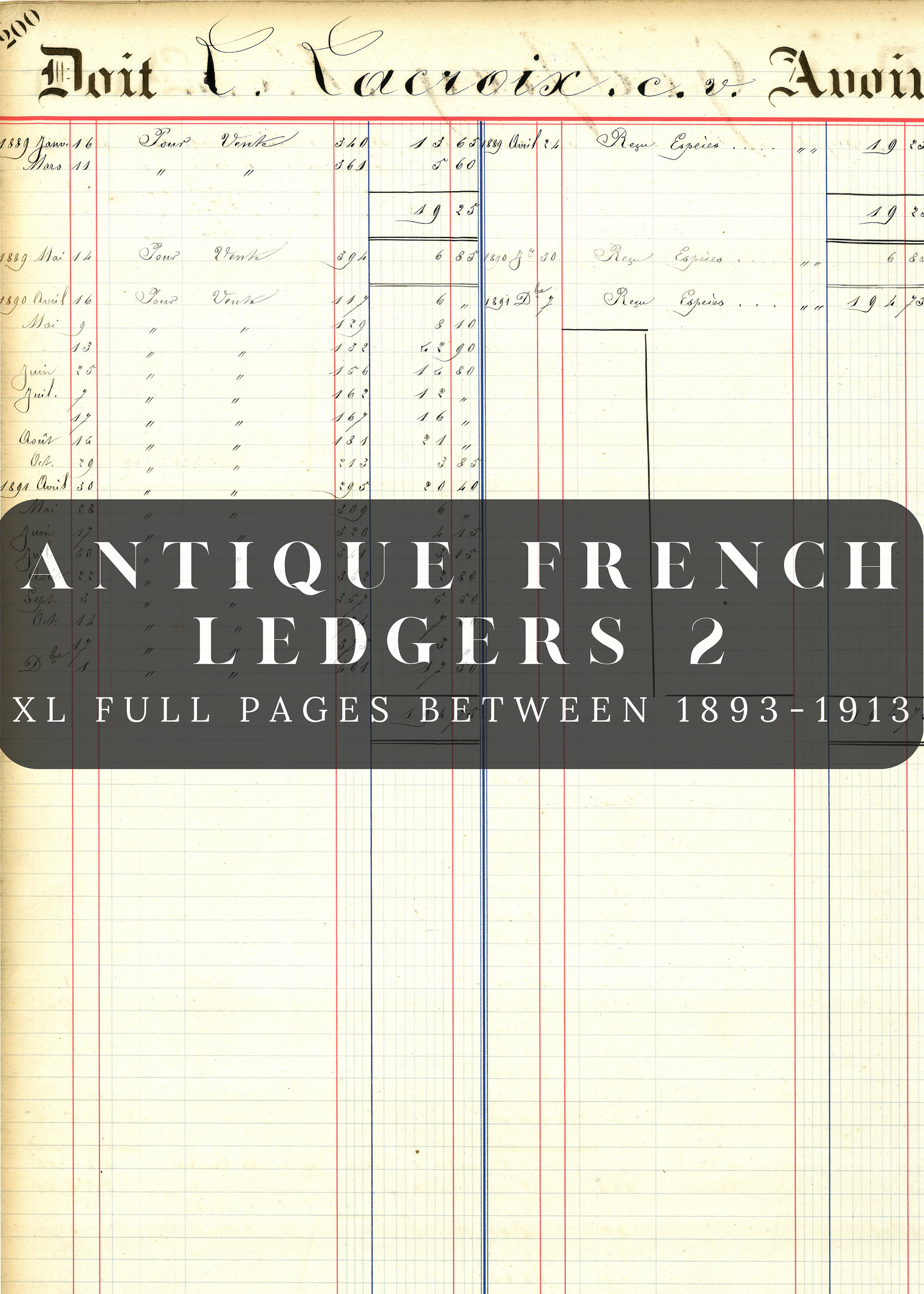 アンティークフランス元帳ページ 1893-1913: XLサイズ (デジタル