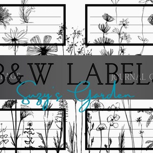 Kit numérique imprimable B&W Wildflower - Étiquettes, étiquettes cadeaux, cartes de journal, étiquettes nominatives, étiquettes postales pour le bureau, l'école ou les projets artistiques