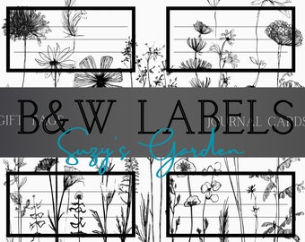 Wildflower Printable Label Kit: B&W Gift Tags, Journal Cards (Digital Download)