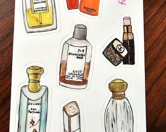 Watercolor Perfume Bottle Stickers, Beauty Favorites Vinyl Decals (4x6 inch Sheet)