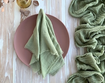 Sage Green dusty rustic gauze napkins for wedding decorations,  cheesecloth napkins bulk as rustic wedding decor, table runner & napkins set
