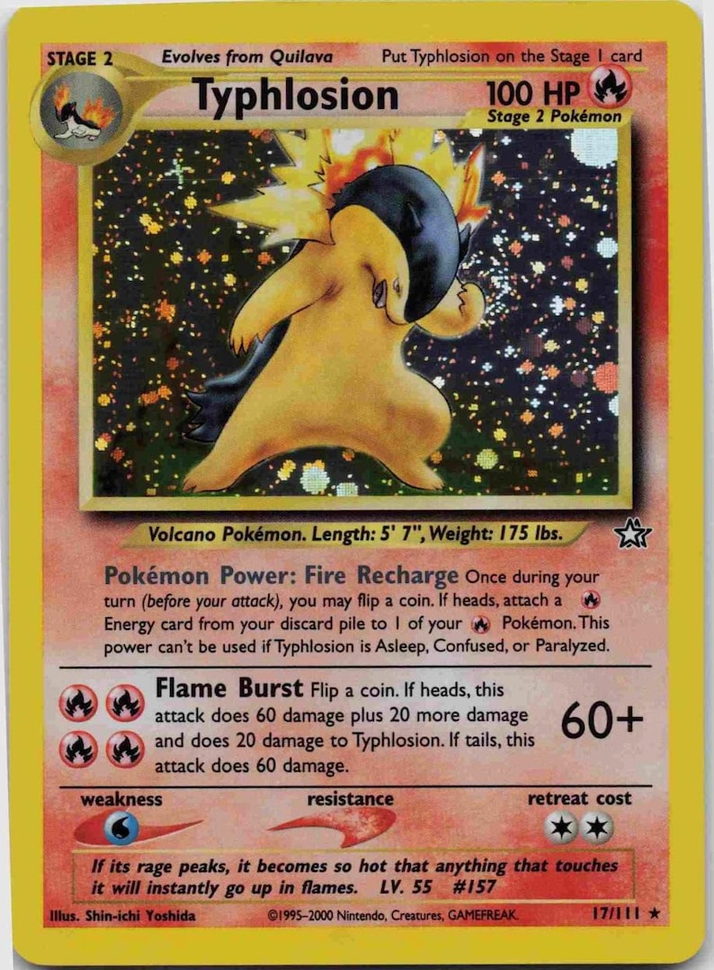 May include: A Pok&eacute;mon trading card featuring Typhlosion, a Stage 2 creature. The card has a yellow border and includes details such as 100 HP and attack information. The illustration shows a yellow and black fiery creature. The card is 170 cm long and weighs 79 kg.