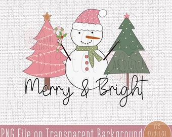 Cute Christmas PNG Design | Christmas Snowman Sublimation Design | Merry & Bright Pink Christmas PNG | Digital File only
