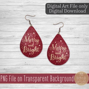 Christmas Earring PNG Sublimation Design | Teardrop Earring | Red & Gold Christmas Glitter Earring PNG | Digital Download