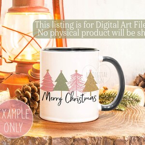 May include: White ceramic mug with a black rim and handle. The mug features a design of three stylized Christmas trees in pink, green, and gold with the text "Merry Christmas".