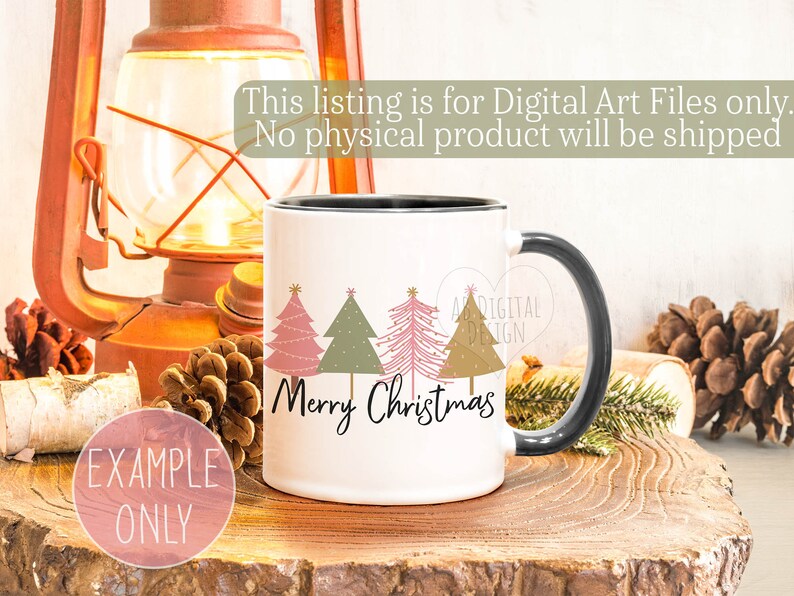 May include: White ceramic mug with a black rim and handle. The mug features a design of three stylized Christmas trees in pink, green, and gold with the text "Merry Christmas".