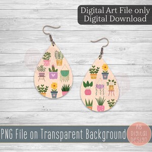 Cute Plants Earring PNG Sublimation Design | Teardrop Earring | Plant Lover Earring PNG | Digital Download