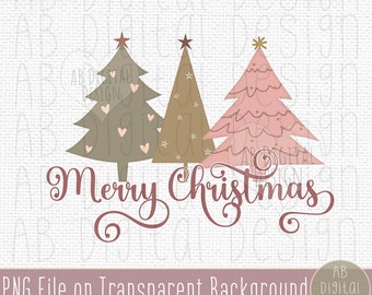 Merry Christmas PNG Design | Cute Christmas Trees Sublimation Design | Modern Boho Pink Christmas PNG | Digital File only