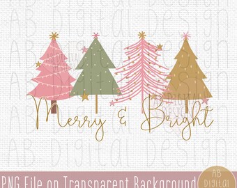 Christmas Trees PNG | Sublimation Design | Boho Pink & Gold Christmas PNG | Digital File only