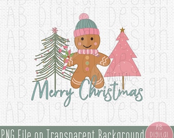 Merry Christmas PNG Sublimation Design | Cute Gingerbread Girl & Christmas Trees | Pink Christmas PNG | Digital File Only