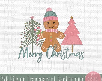 Merry Christmas PNG Sublimation Design | Cute Gingerbread Girl & Christmas Trees | Pink Christmas PNG | Digital File Only