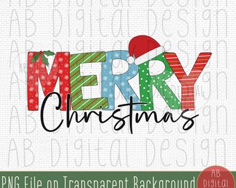 May include: A colorful Christmas greeting with the word "Merry" in red, green, blue, and white patterned letters and the word "Christmas" in black script.