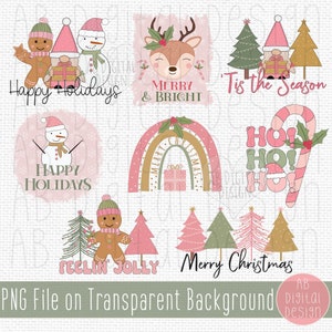 May include: A set of ten digital illustrations featuring Christmas themes. The illustrations include a gingerbread person, a snowman, a reindeer, a gnome, a rainbow, a candy cane, and a Christmas tree. The illustrations are in a pink and green color scheme and have a whimsical, hand-drawn style.