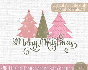 Merry Christmas PNG Design | Cute Christmas Trees Sublimation Design | Green & Pink Christmas PNG | Digital File only