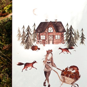 Carte de vœux avec motif renards de la forêt animaux de la forêt maison automne carte postale DIN A6