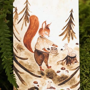 Tarjeta de felicitación con motivo de ardilla, bosque, recolección de setas, postal DIN A6