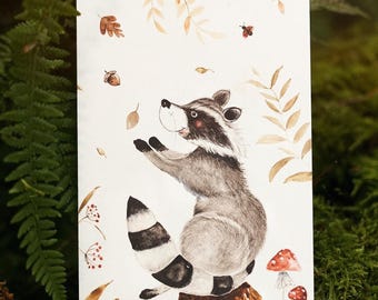 Postcard raccoon forest leaves foliage forest greeting card forest animal