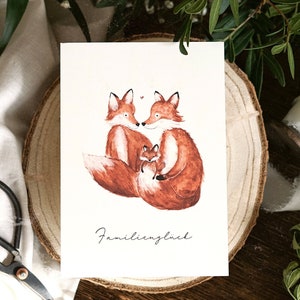 Carte de vœux, carte postale, famille de renards, carte de naissance de bébé, renards