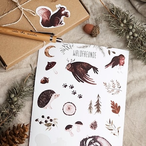 Feuille d'autocollants A5 animaux de la forêt cadeau autocollant hibou écureuil blaireau hérisson