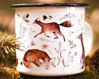 Fox Enamel Mug, Foxes Forest Metal Mug with Fox Motifs, Gift