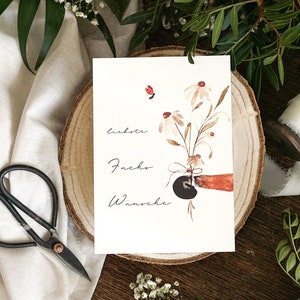 Biglietto d'auguri con zampa di volpe, auguri di compleanno, cartolina con bouquet di volpe, congratulazioni per il compleanno.