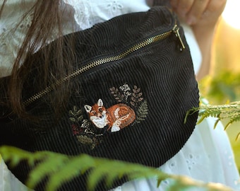 Embroidered fox crossbody bag made of corduroy with fox motif, belt bag, crossbody bag, individually embroidered