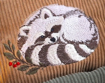 Raccoon Cord Crossbody Bag with Sleeping Raccoon Embroidery, Belt Bag, Raccoon Design