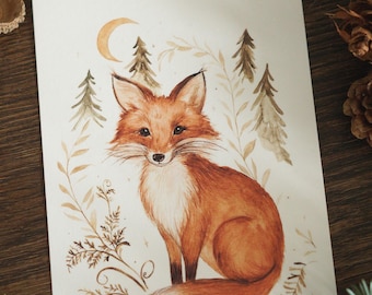 Greeting card fox moon forest mood natural paper DIN A6