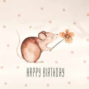Carte d'anniversaire carrée avec une jolie souris et une fleur