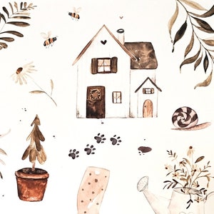 Wand Bild Garten Glück Frühling Poster Print kleine Natur Illustrationen Pflanzen Bienen Liebe Motive Haus gärtnern Frühling