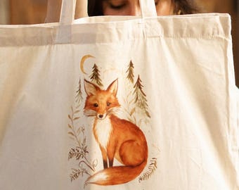 Fox tote bag magical fox forest moon print fabric bag maxi bag