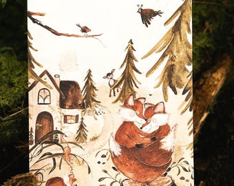 Postcard fox forest foxes in love baby fox family greeting card